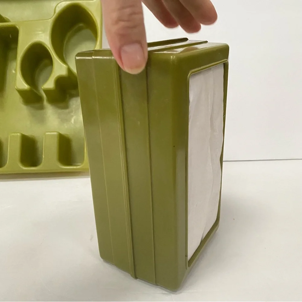 Vtg 70s Avocado Green Rubbermaid Utensil Holder Tray 2922 & Napkin Holder